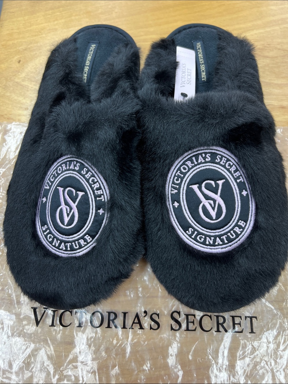 Victoria's Secret Black Faux Fur Slippers with Pink Logo Patch